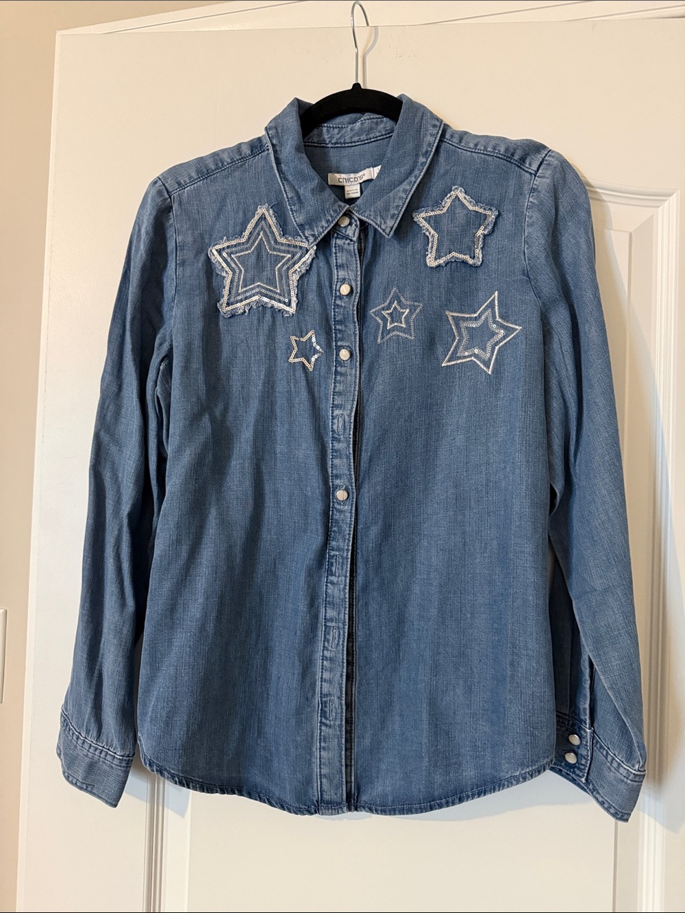 Chico's Light Blue Denim Button-Up Shirt with Star Appliqués